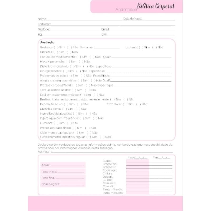 Bloco de fichas Anamnese Estética corporal com 100 folhas A5