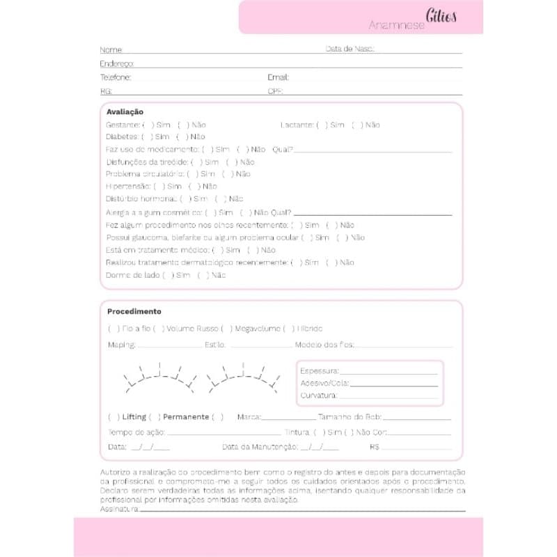 Bloco de fichas anamnese cilios com 100 folhas A5