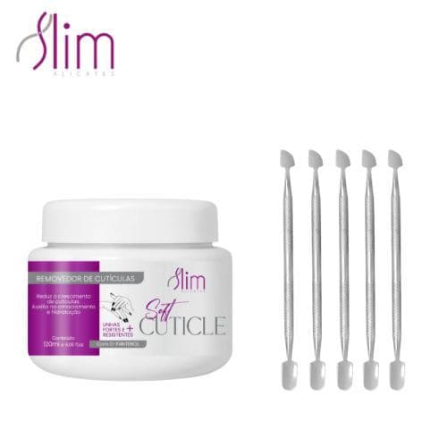 Kit 5 Espátula Dupla Empurrador Inox +  Amolecedor de Cutícula Profissional Manicure e Pedicuro Slim