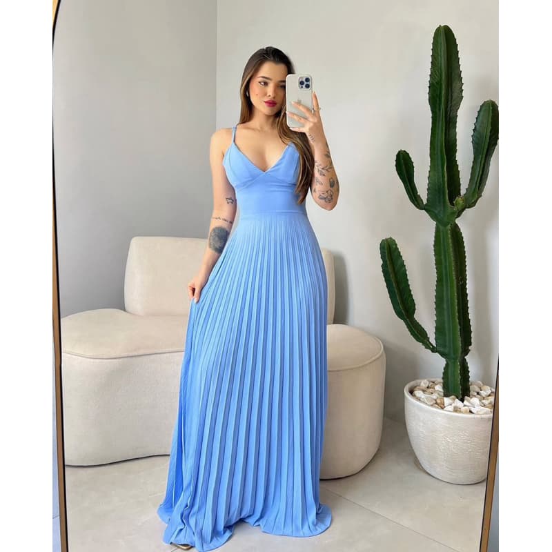 Vestido Longo Feminino Plissado com Alças Finas e Decote V Elegante e Versátil