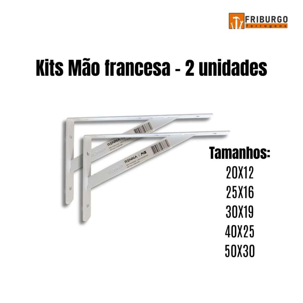 Mão Francesa Suporte para Prateleira BRANCA 90° 2 UNIDADES - VARIOS TAMANHOS - c/ buchas e parafusos