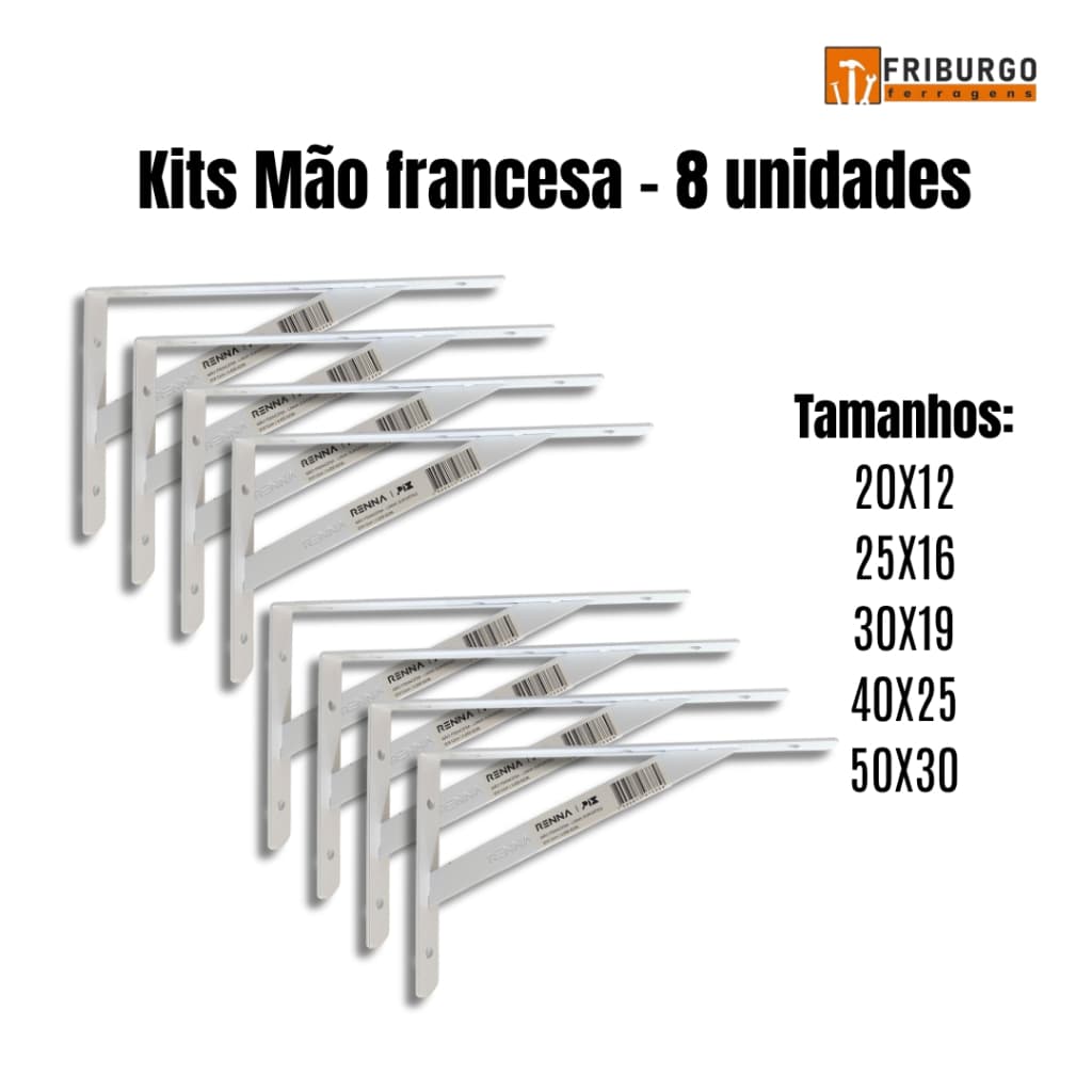 Mão Francesa Suporte para Prateleira BRANCA 90° 8 UNIDADES - VARIOS TAMANHOS - c/ buchas e parafusos