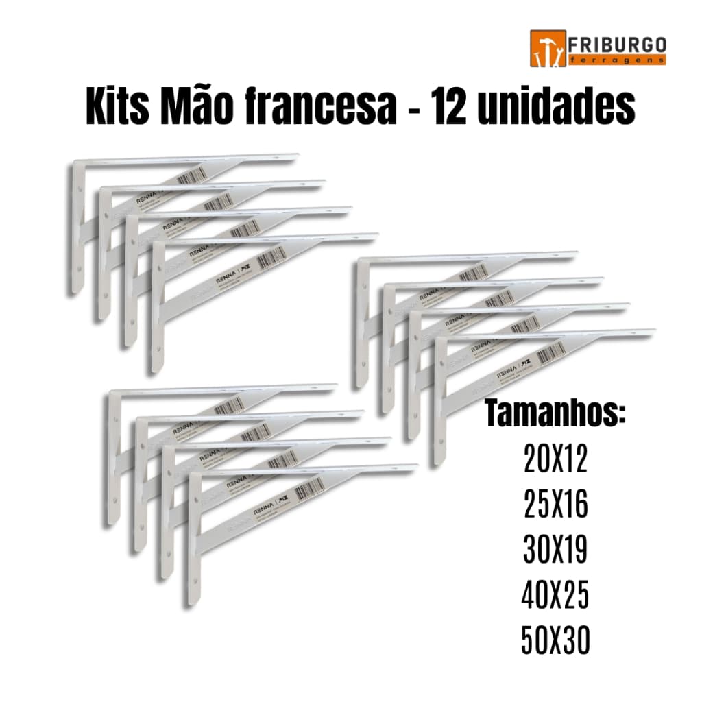 Mão Francesa Suporte para Prateleira BRANCA 90° 12 UNIDADES - VARIOS TAMANHOS -c/ buchas e parafusos