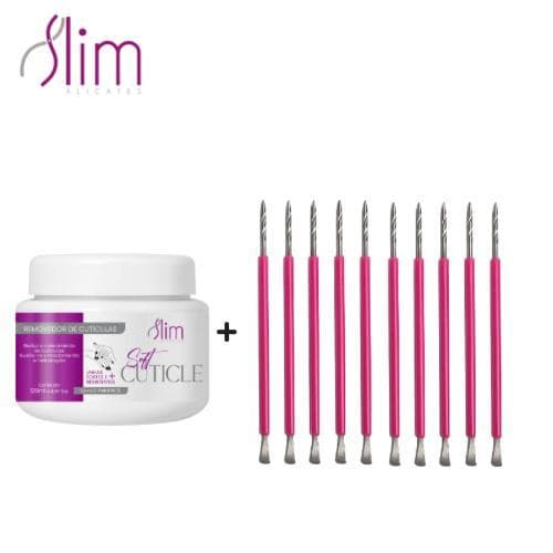 Kit 10 Espátulas Slim + Amolecedor de Cutícula - Bastão Mista Unha Inox ROSA Com Silicone Cutelaria Manicure