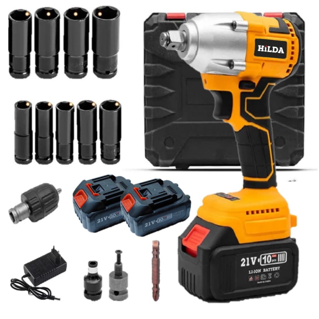 Chave de Impacto 21V Brushless 350Nm Bateria 4Ah 9 Soquetes Parafusadeira Furadeira Profissional