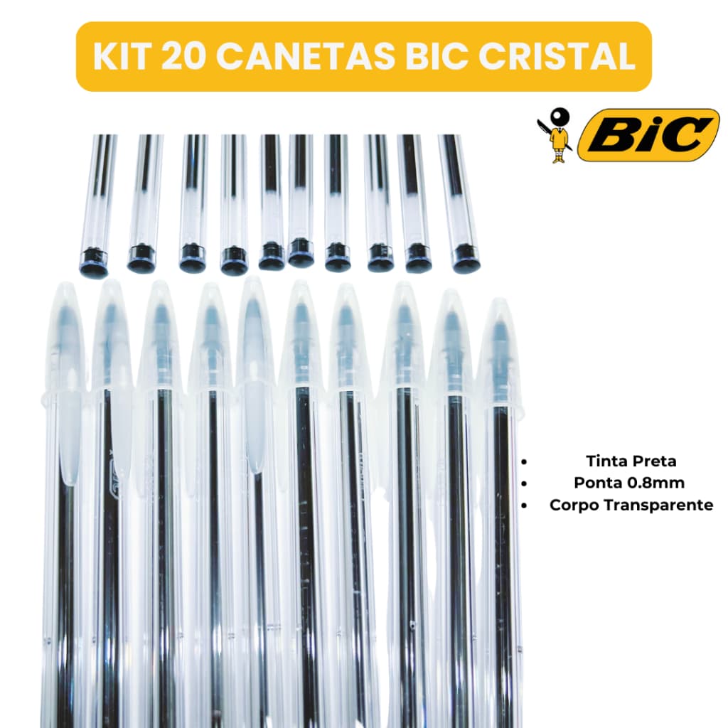🖊️ Kit 10, 20 Canetas Esferográficas BIC Cristal 0.8mm – Ponta Fina, Escrita Suave e Precisa