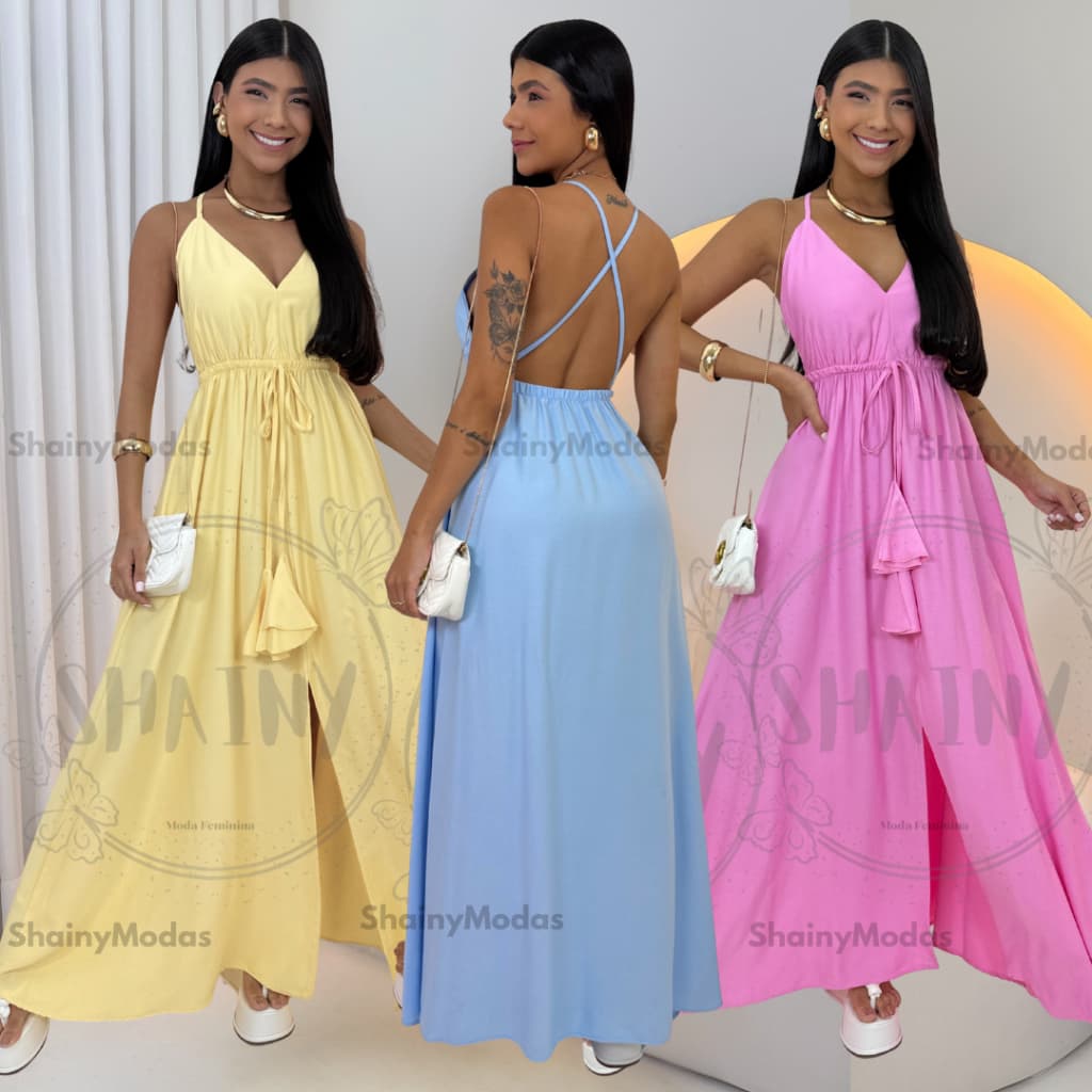 Vestido Longo Femenino Decote V- Alças Reguláveis, Cintura Ajustável e Costas Cruzadas