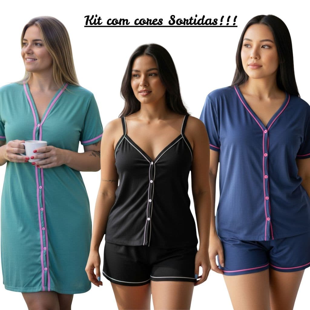 kit 3 Pijamas de Amamentação com Botões Pós Parto Cirurgico em Malha cores sortidas