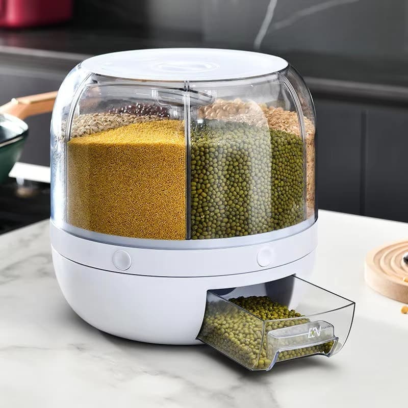 Dispensador de Alimentos Secos 6 em 1 – Rotação de 360 Graus para Fácil Acesso a Grãos na Cozinha.