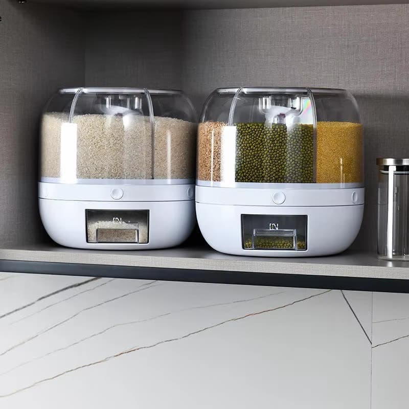 Organizador de Grãos Giratório 360°, com 6 Compartimentos – Ideal para Arroz, Feijão e Outros Cereais.