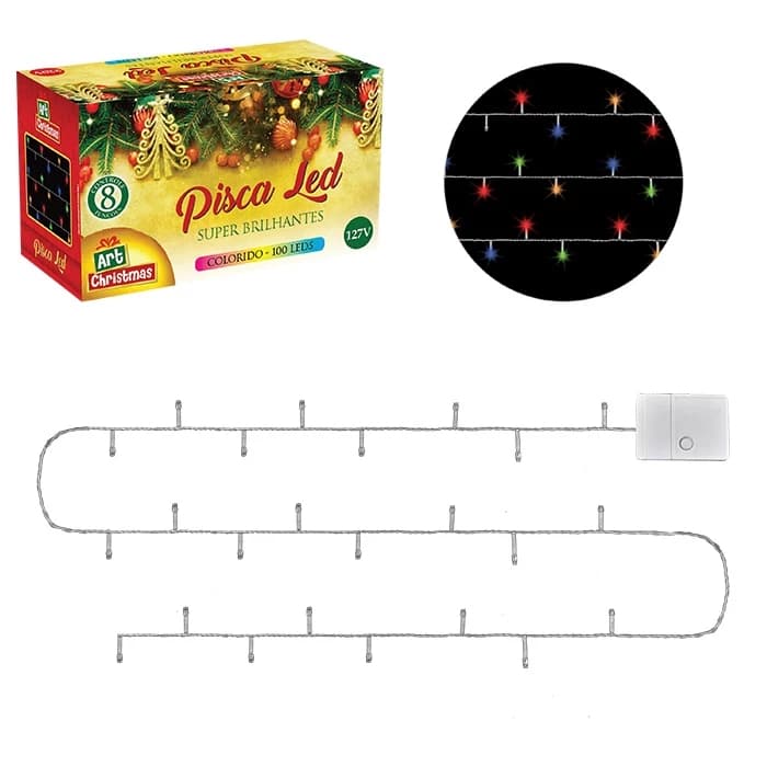 🎄 Pisca Pisca LED Colorido 100 Lâmpadas 8m 127V com Controle 8 Funções – Fio Branco