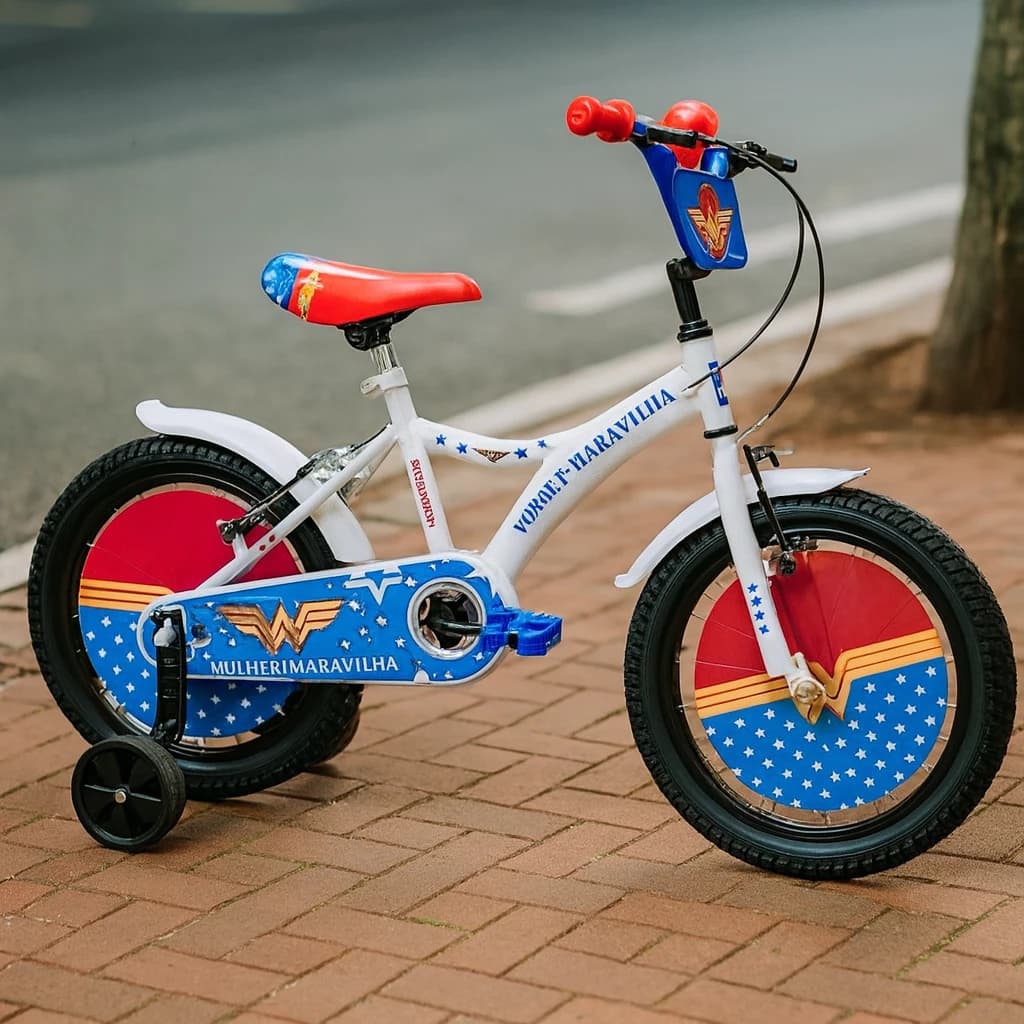Bicicleta Infantil Mulher Maravilha Aro 16 Design Exclusivo Com Rodinhas Estabilizadoras Segura