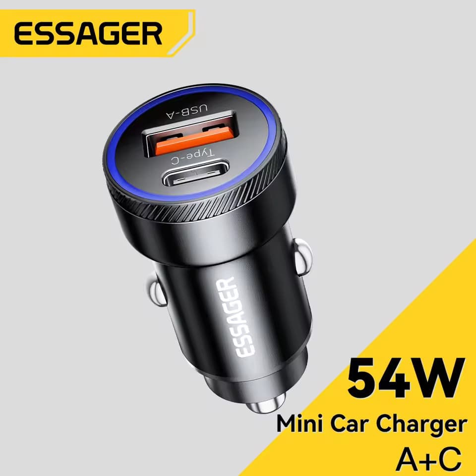 Carregador Veicular Essager 54W PD QC 3.0 com LED — USB + Tipo-C, Carregamento Rápido 12-24V para Carros e Caminhões