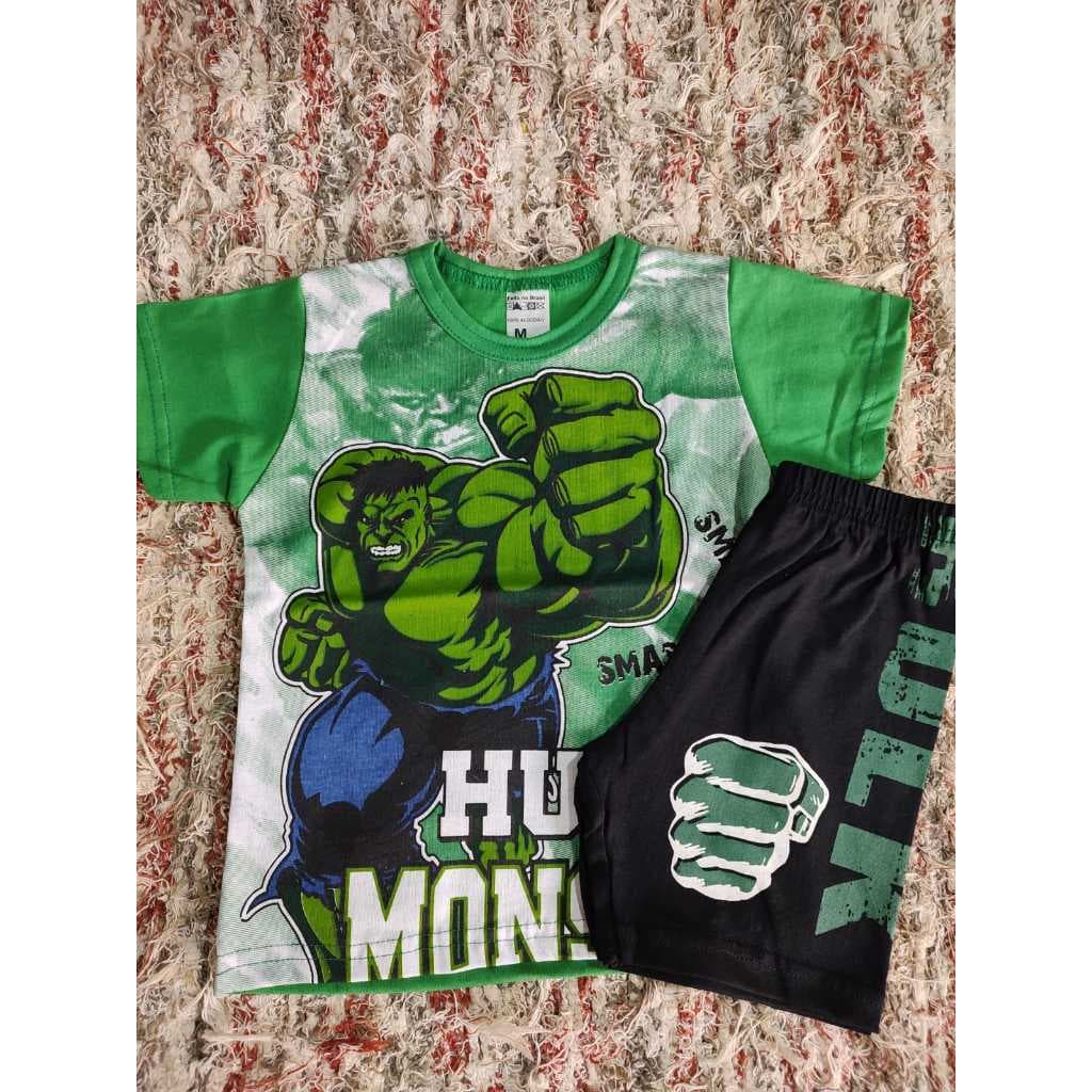 Conjunto Inafantil Temático Hulk Camisa de manga + Bermuda