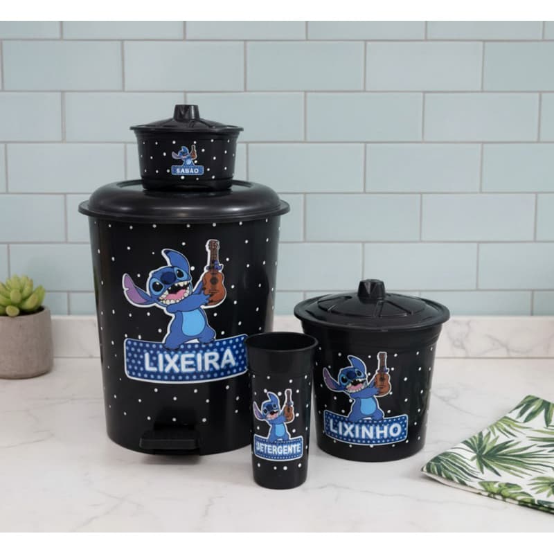 Jogo Kit Lixeira 12 Litros + Kit Pia Stitich Personalizado Cozinha Decoração