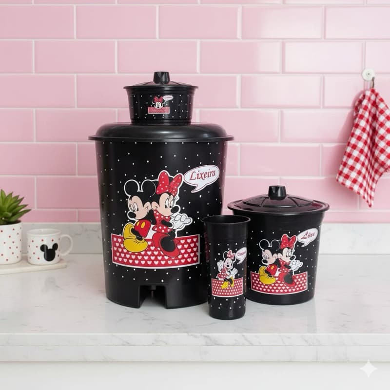 Kit Cozinha Lixeira + Kit Pia 4 Peças de Pia Preto Minnie