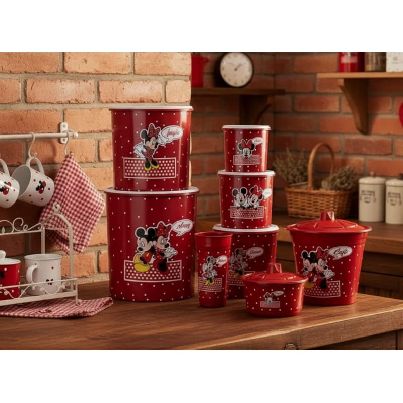 Organizador de Cozinha Kit Mantimento + Kit Pia Vermelho Minnie Mickey 8 Peças