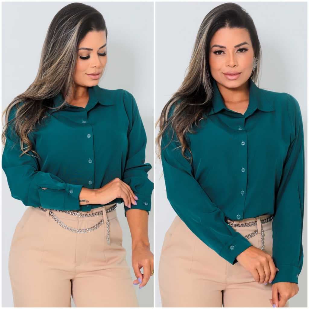 Camisa Social Feminina Manga Longa Crepinho Elegante Blusa Chique Escritório P M G GG