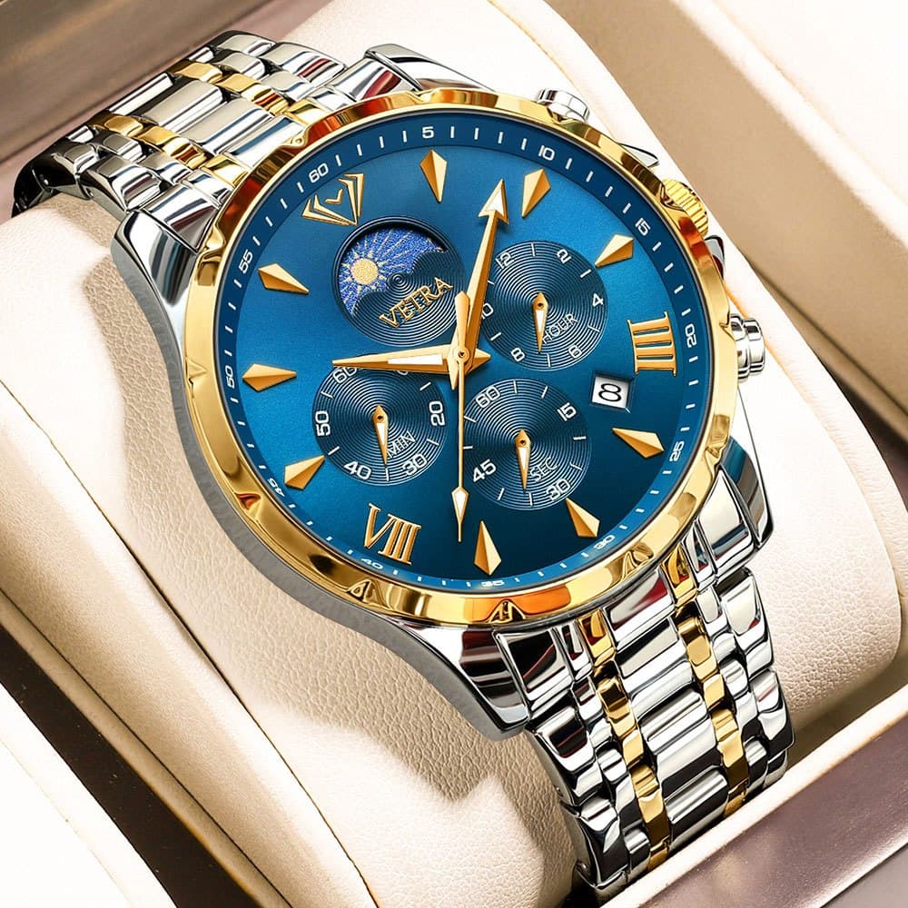 VETRA Relógio Masculino Original Cronógrafo Multifuncional a Prova d Água Presente para Homem Aço Inoxidável Azul 3653
