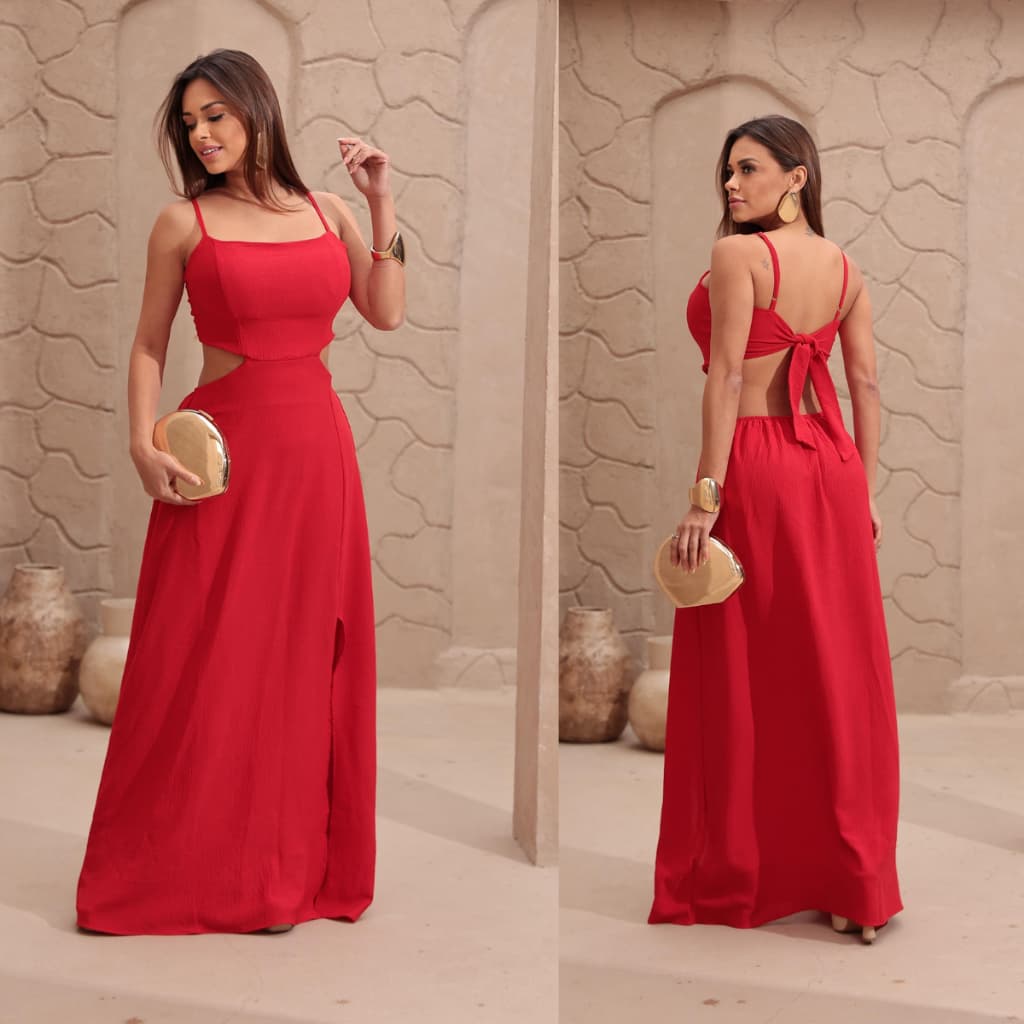 Vestido Longo Feminino Com Fenda Casual Estiliso Vestido Com Bojo Sortido Tecido Duna Cor Vermelho