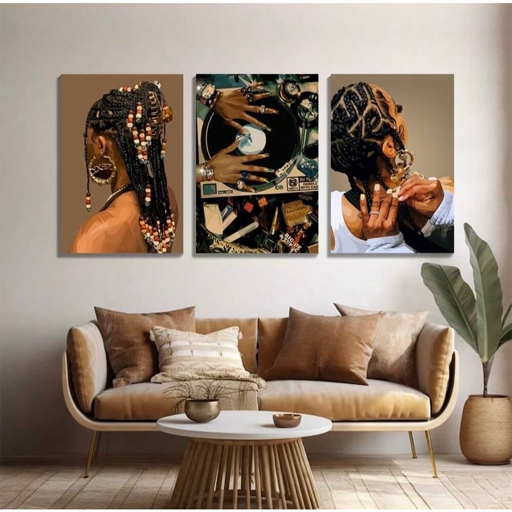 Quadros decorativos Mulher Tranças Vitrola Música Afro (3 peças)