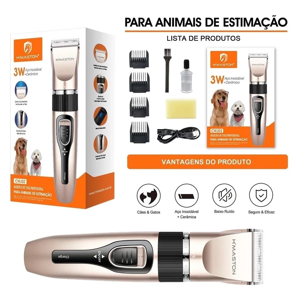 Máquina de Tosa Pet Profissional Para Animais de Estimação Recarregável Sem Fio Com Baixo Ruído