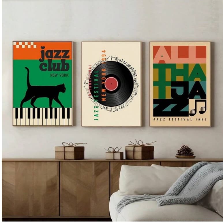 Quadros decorativos Jazz Club Gato Teclado Vinil Música (3 peças)