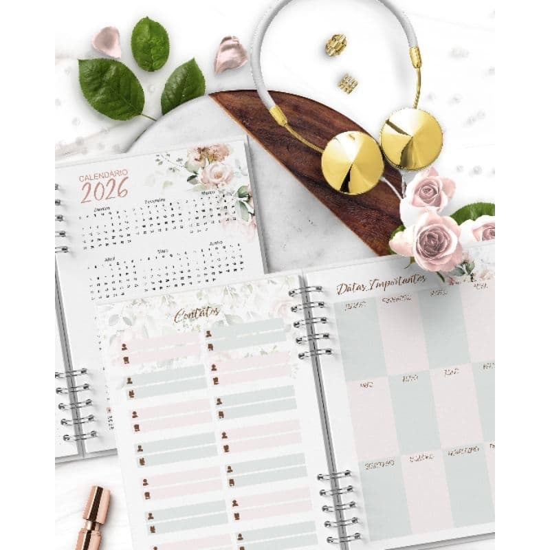 🌸💖 Agenda 2026 Garden Rosa A5 • Capa Dura • 2 Dias/Página • Porta Documentos • Elástico • Papel 75g