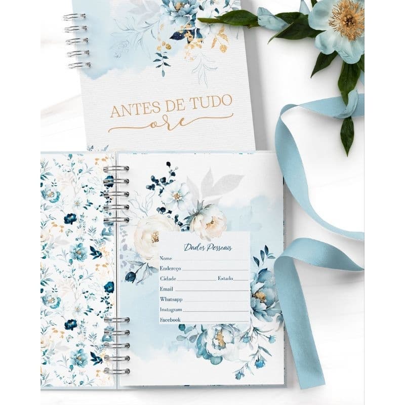 Agenda 2026 Garden Azul 💙 | Capa Dura Laminada (Fosca ou Brilho) | 2 Dias por Página + Porta Documentos