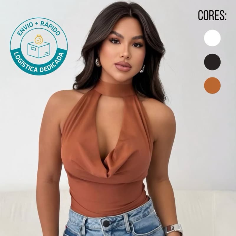 Cropped Paola Pescoço Feminina Lançamento Suplex Blogueira Decote Profundo Malha Leve