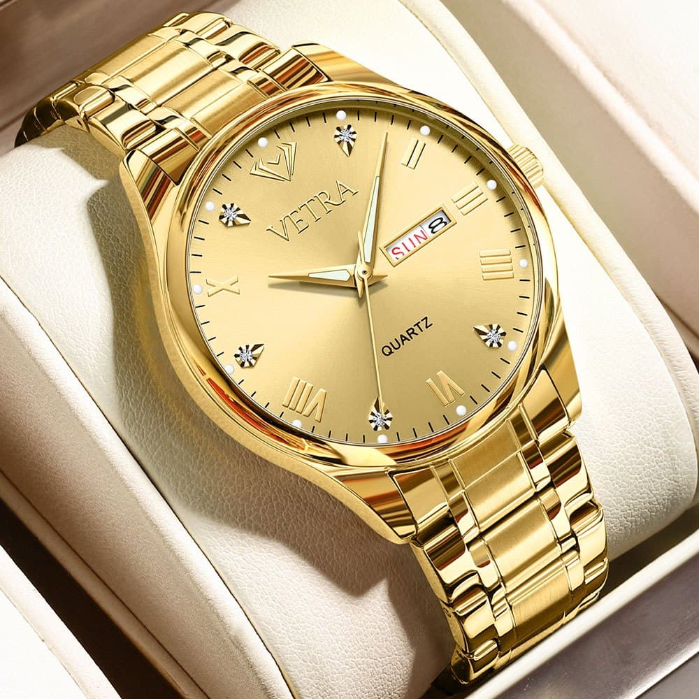 VETRA Relógio Masculino Original Relogio Luxo a Prova d Água Presente para Homem Aço Inoxidável Dourado 5563