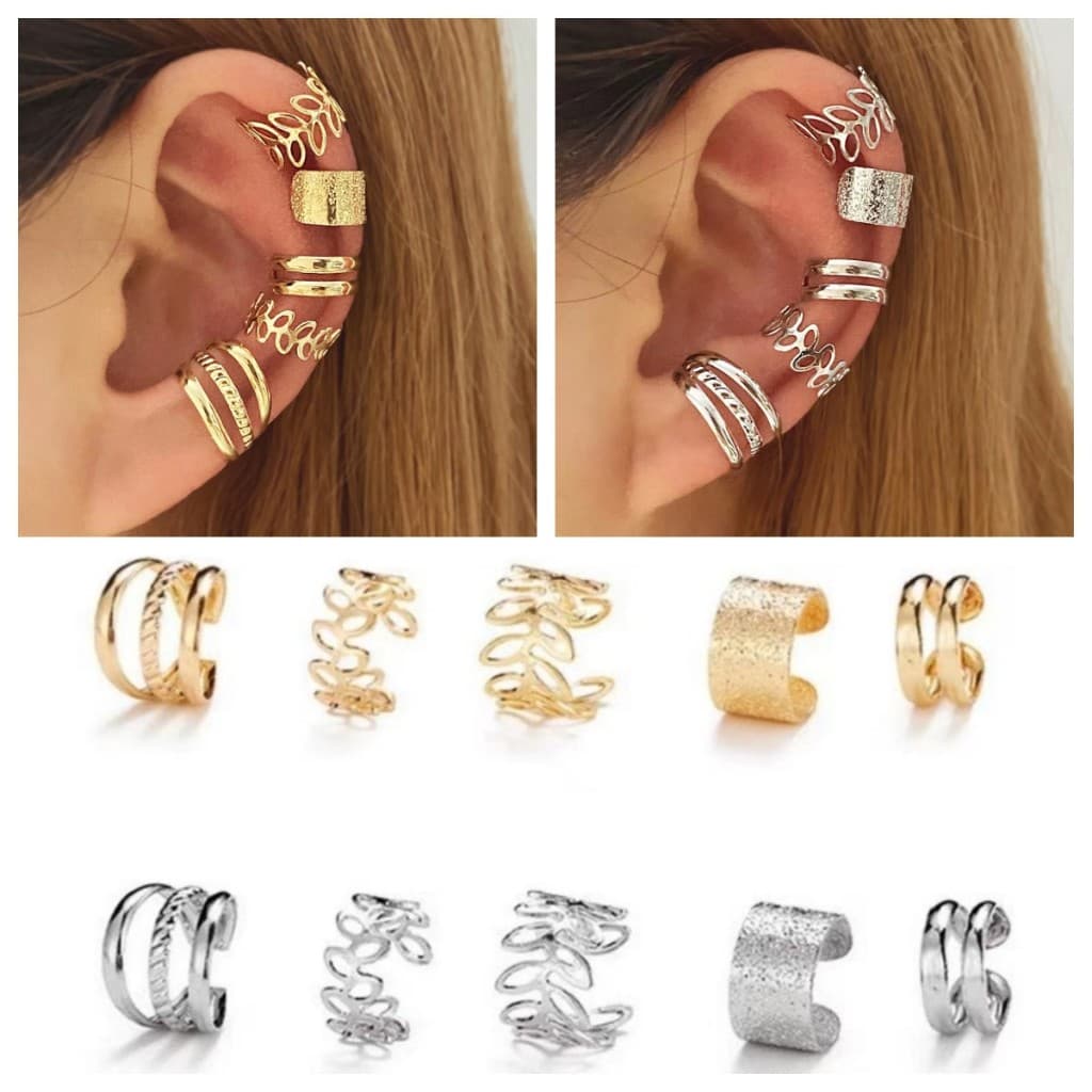 Conjunto de cinco peças de brincos ocos de folha de ouro personalizados, clipe de orelha em formato de C, sem piercing