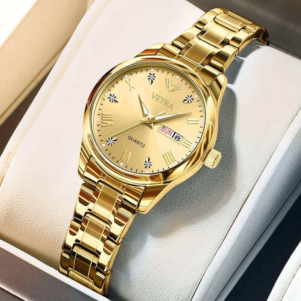 VETRA Relogio Feminino Original Relógio Luxo a Prova d Água Presente para Mulher Aço Inoxidável Dourado Prata 5563