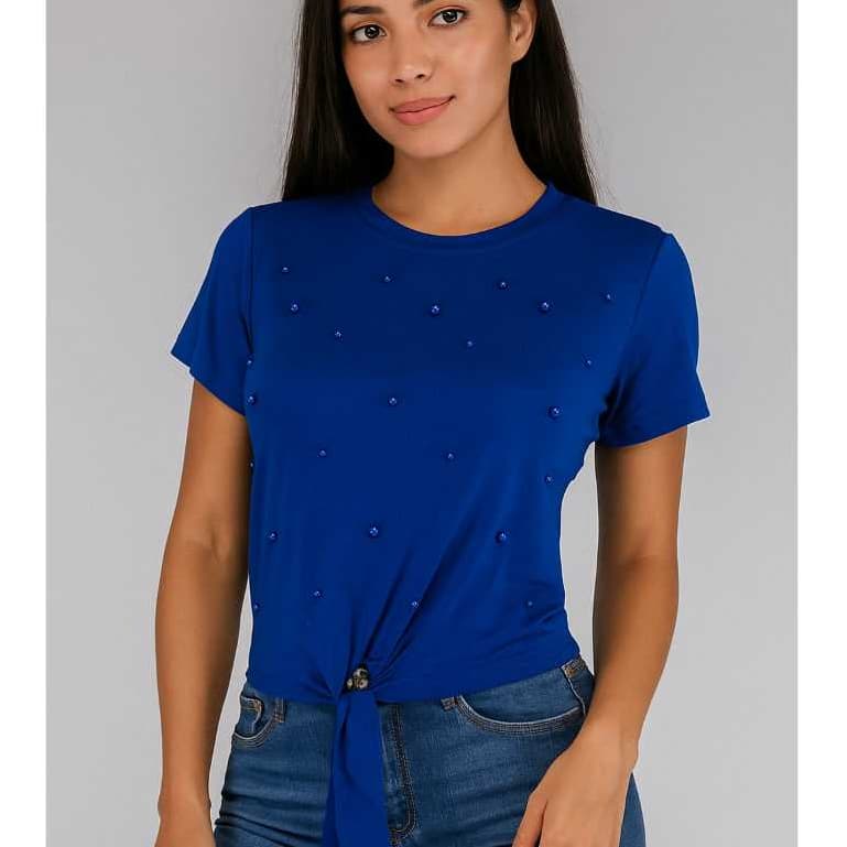 T-shirt Blusa Feminina Laço Amarrado no Cintura Com Perolas Viscolycra
