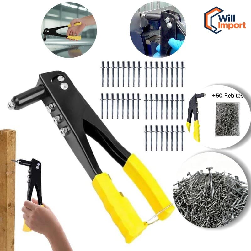 Rebitadeira Manual Profissional Alicate Rebitador 9,5 pol 24cm 4 Bicos + 50 Rebites