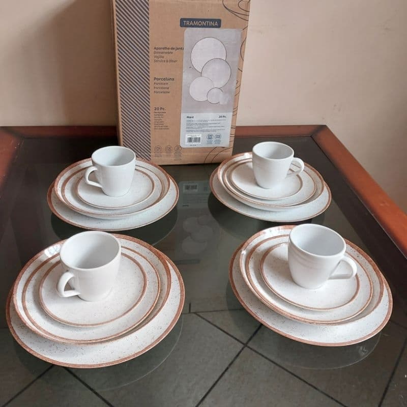 Aparelho de Jantar 20 Peças Tramontina Redondo Porcelana Branco e Marrom Mare