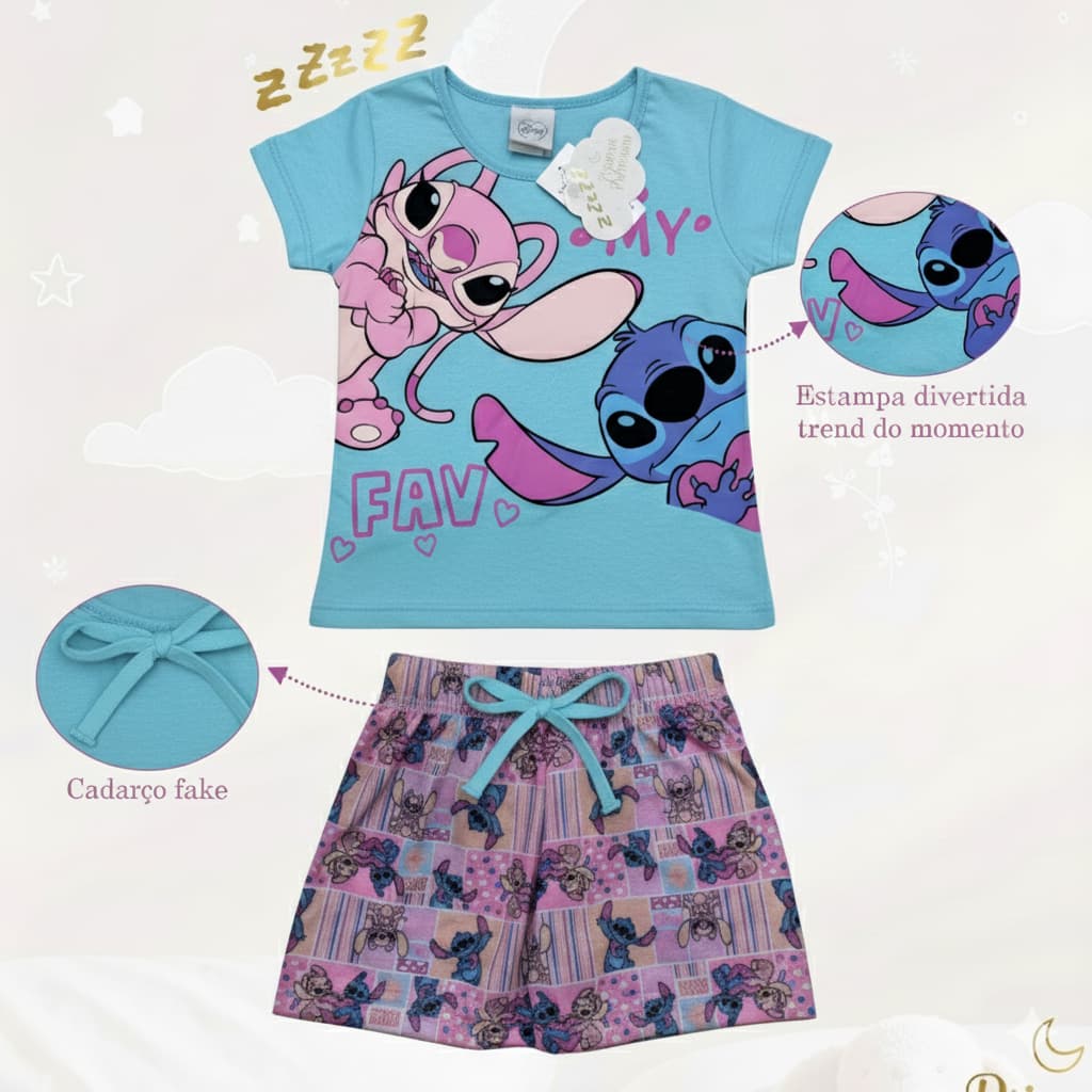 Pijama Stitch e Angel Infantil Juvenil Menina Feminino Verão Black Friday