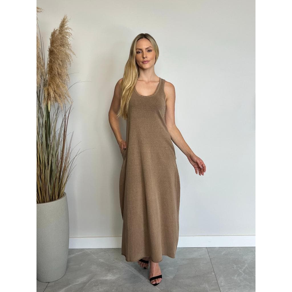 Vestido Regata Longo Estonado com Bolsos 100% Algodão Malha Confortável Visual Vintage Feminino live
