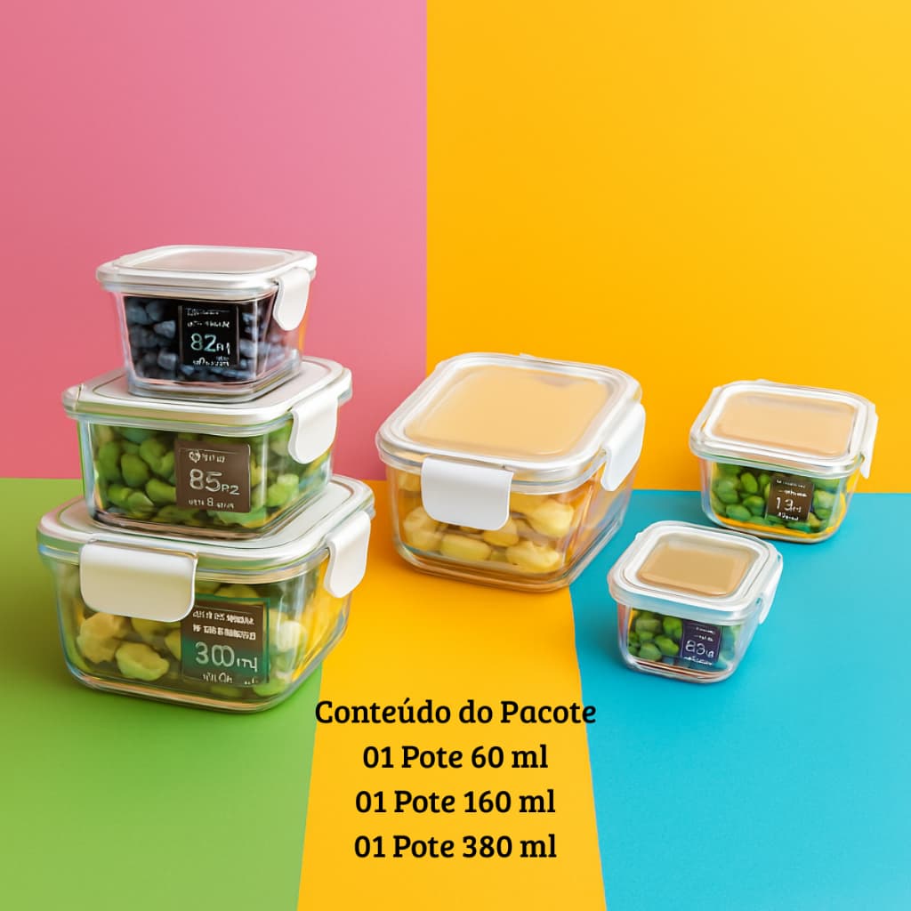 Hermético Quadrado Conjunto 3 Potes Vedação Eficaz Empilhável e SeguroTrio Potes Herméticos