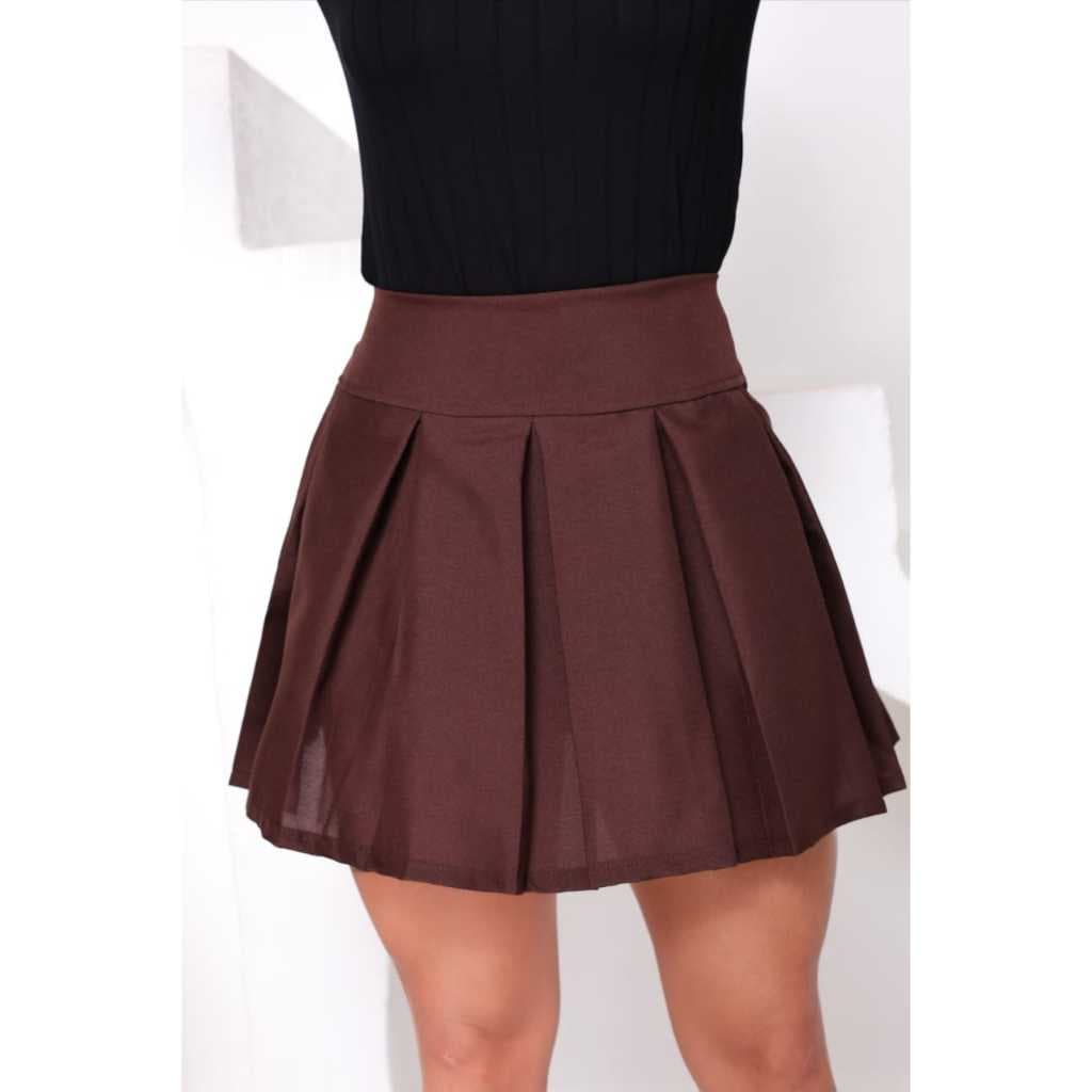 Saia Curta Colegial Feminina em Cintura Alta Com Pregas e Ziper P M G GG - Moda Elegante Promoção