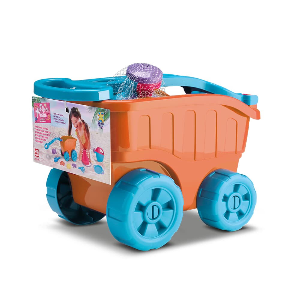 Carrinho de Praia Infantil com Acessórios Kit Brinquedos de Areia Balde e Moldes