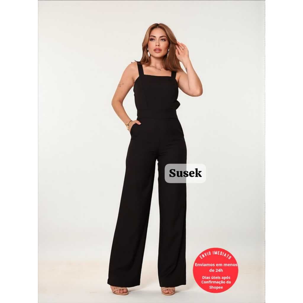 Macacão Feminino Longo Com Alças Largas Detalhes Nas Costas Luis Twill 90401