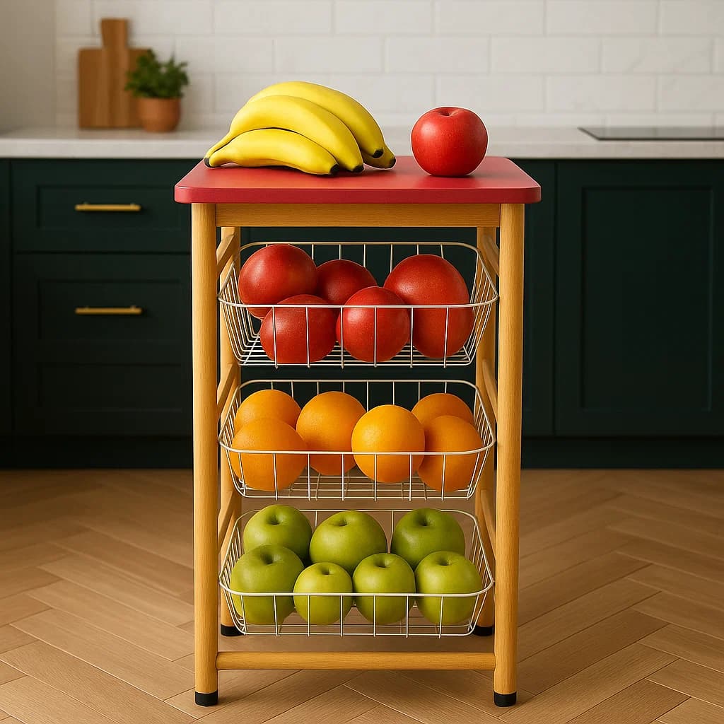 Fruteira de Chão para Cozinha Multiuso 3 Andares em Madeira Organizador Decorativo Alta Qualidade