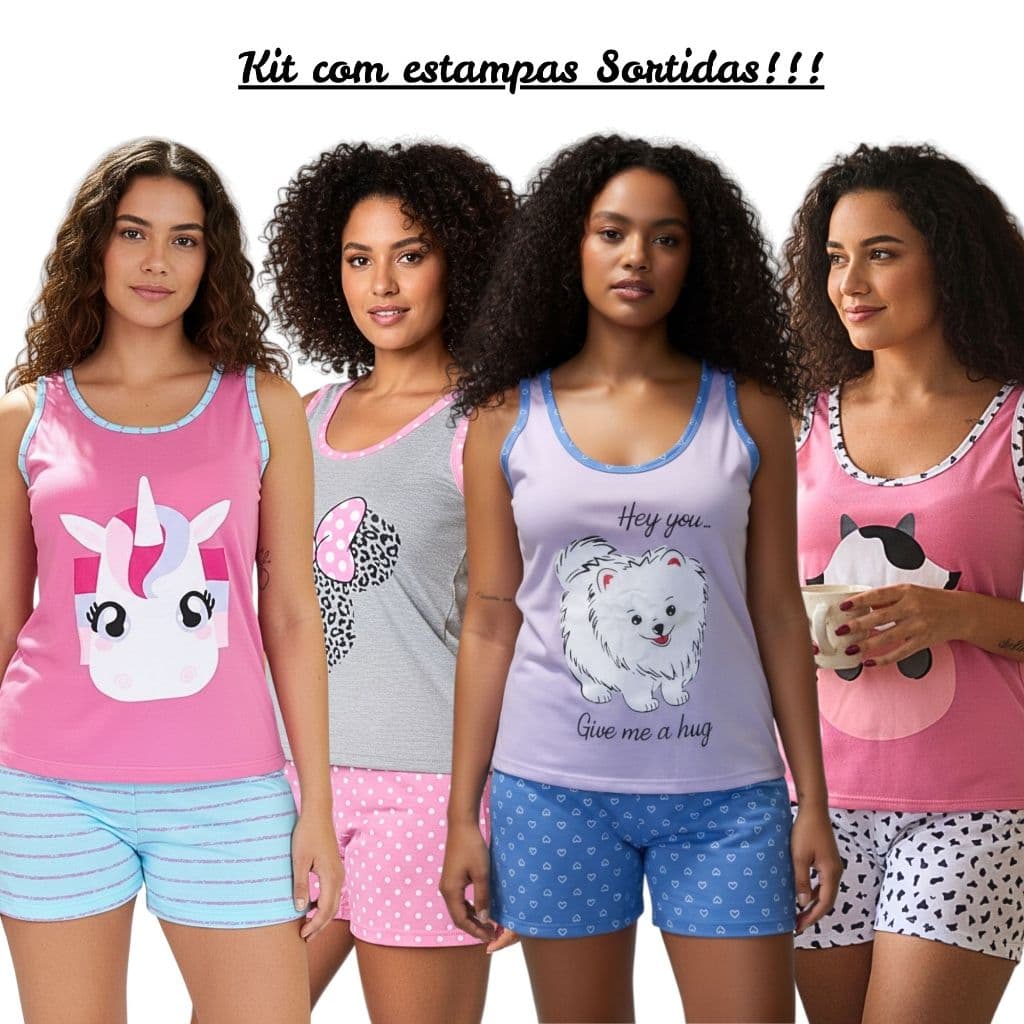 Kit 3 Baby Doll Regata Pijama feminino Verão Short Doll de Malha ESTAMPAS SORTIDAS