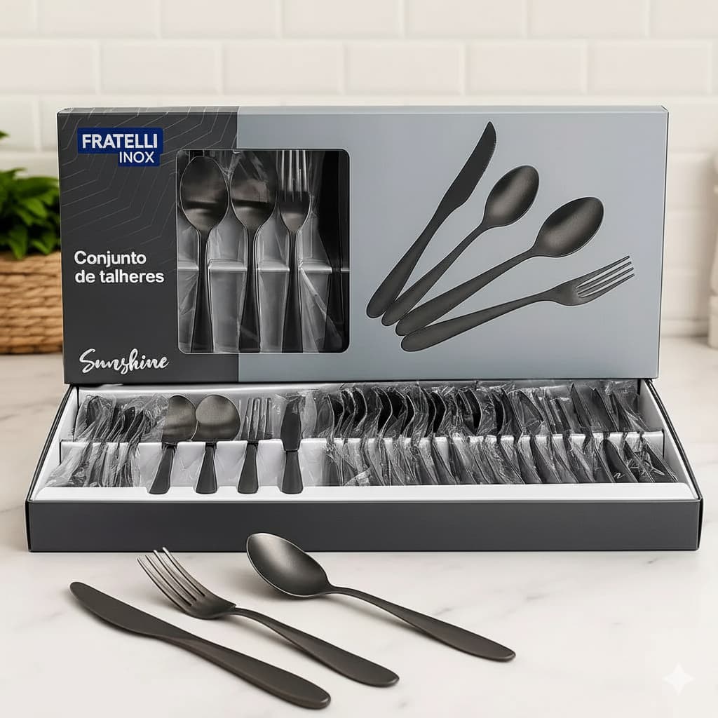 Conjunto Faqueiro Jogo Talheres Premium Black Aço Inox 24 Peças Sunshine Estilo e Elegância
