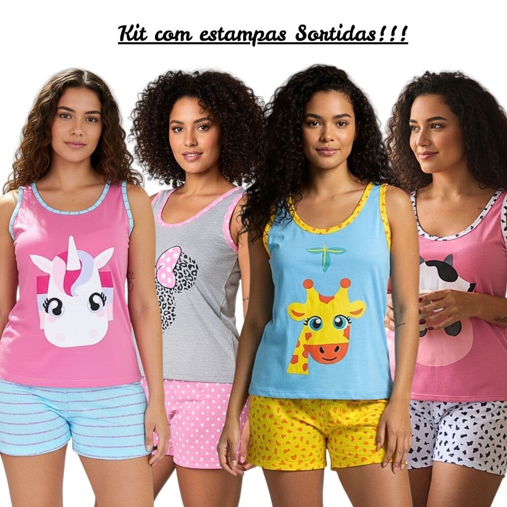 Kit 3 Baby Doll Regata Pijama de Verão Short Doll Qualidade Estampas Sortidas