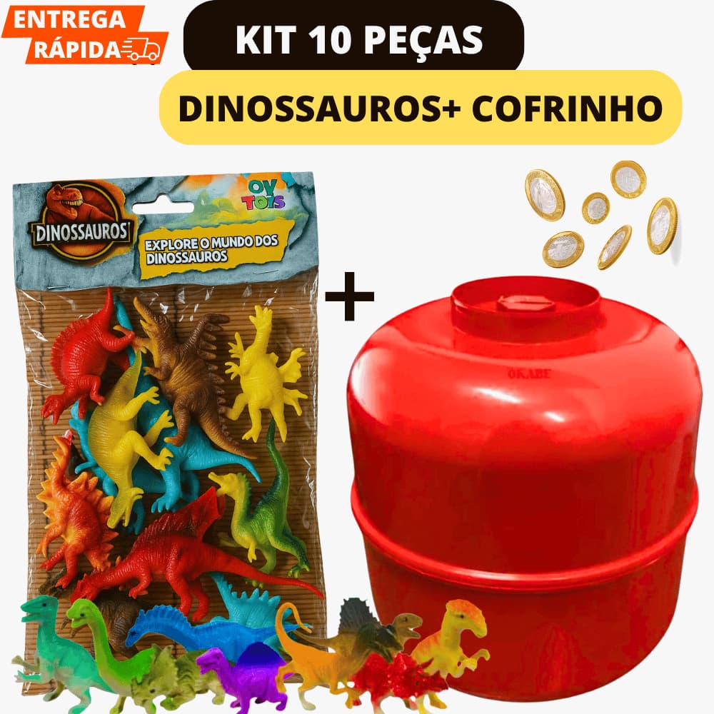Kit Com 9 Dinossauros Miniaturas E 1 Cofre Para Moedas Cores Para Crianças Dia Das Crianças