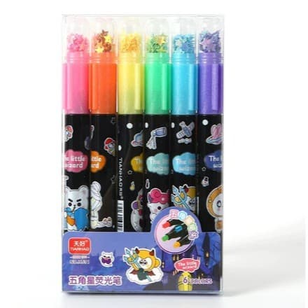 Kit 6 Mini Marca Texto Estrelado Com Cores Encantadas Detalhes Brilhantes em Formato de Estrela na Tampa Design Kawaii