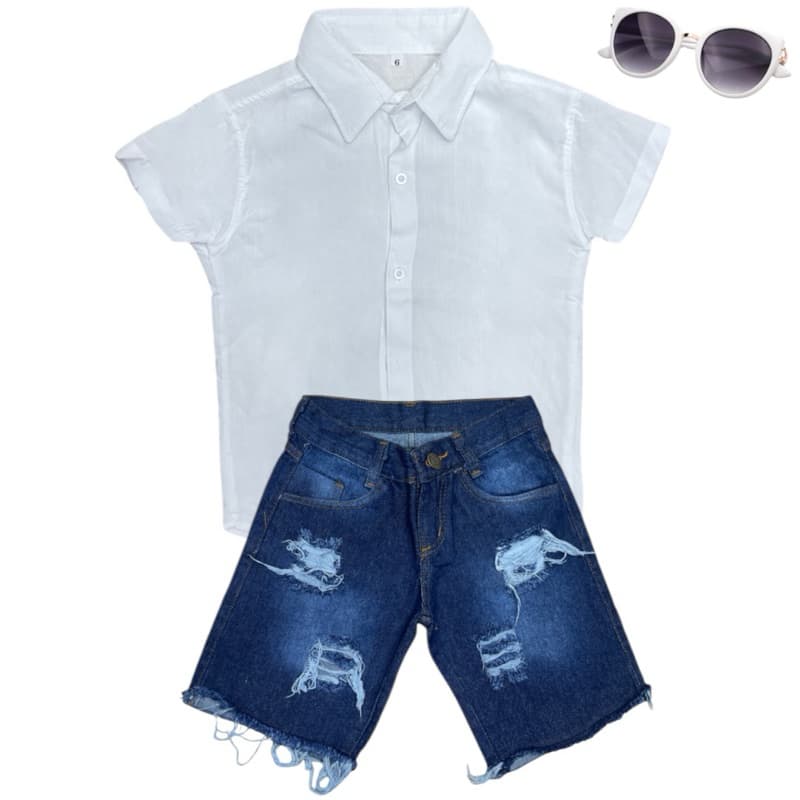 Conjunto Menino Infantil Camisa Social Básica Com Short Jeans Escuro 03 Rasgada Juvenil S.M