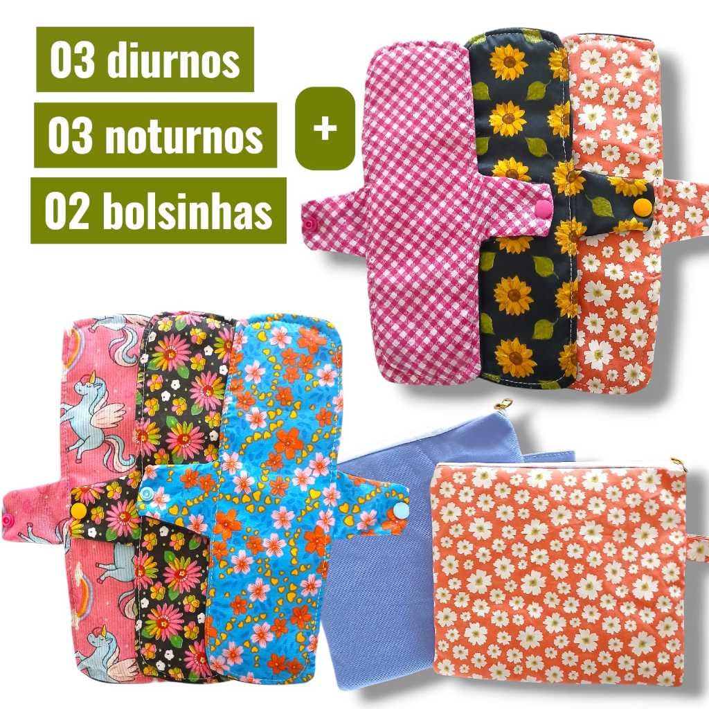 Kit experimental 3 absorventes diurnos ecológicos e 3 absorventes noturnos com 2 bolsinhas impermeáveis